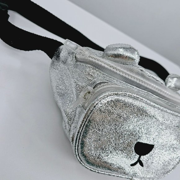 Zara Teddy Bear Fanny Pack Sling Back Metallic Silver Black Small Adjustable Fun - Picture 4 of 10